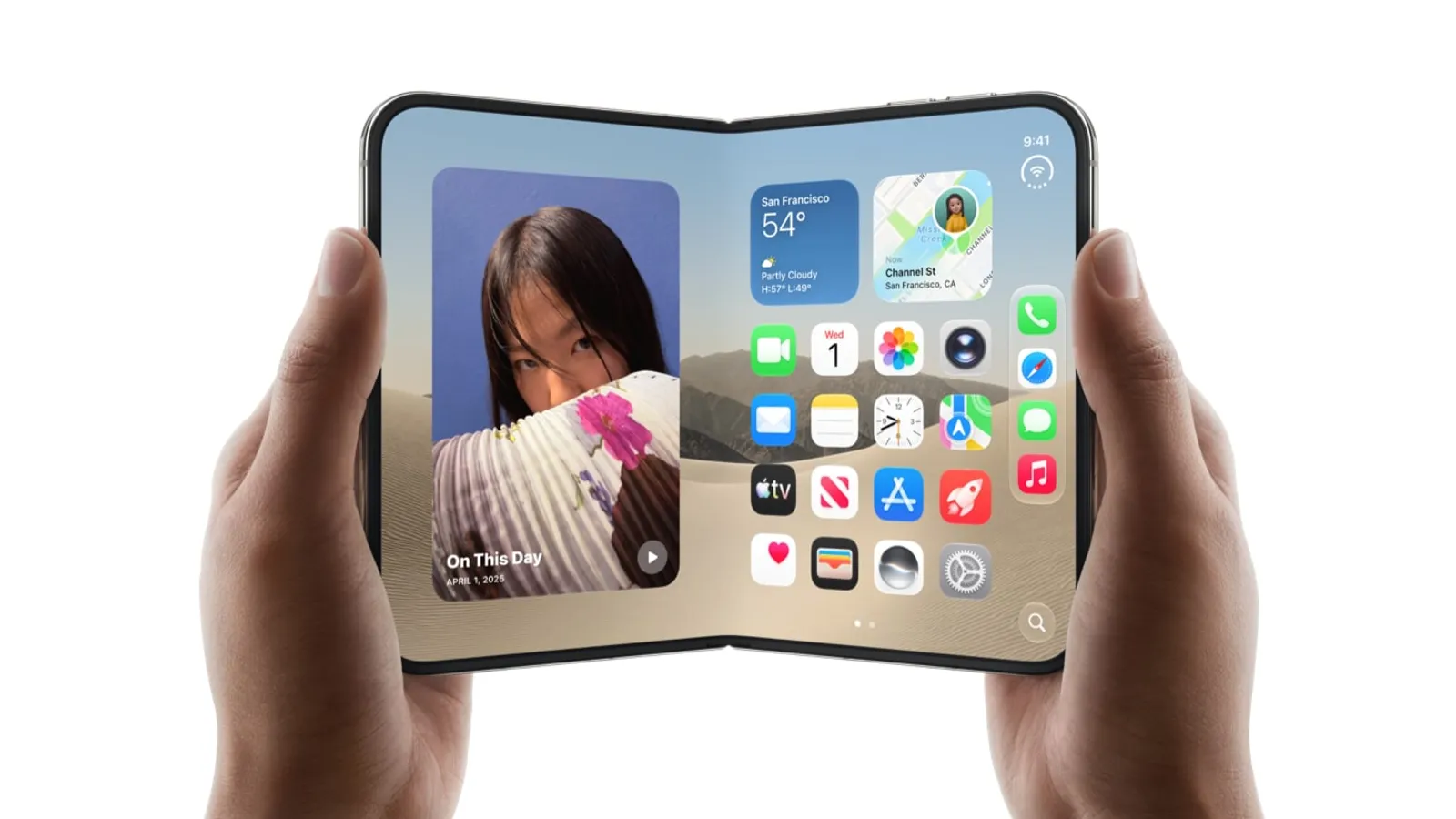 Two hands holding the unfolded iPhone Duo