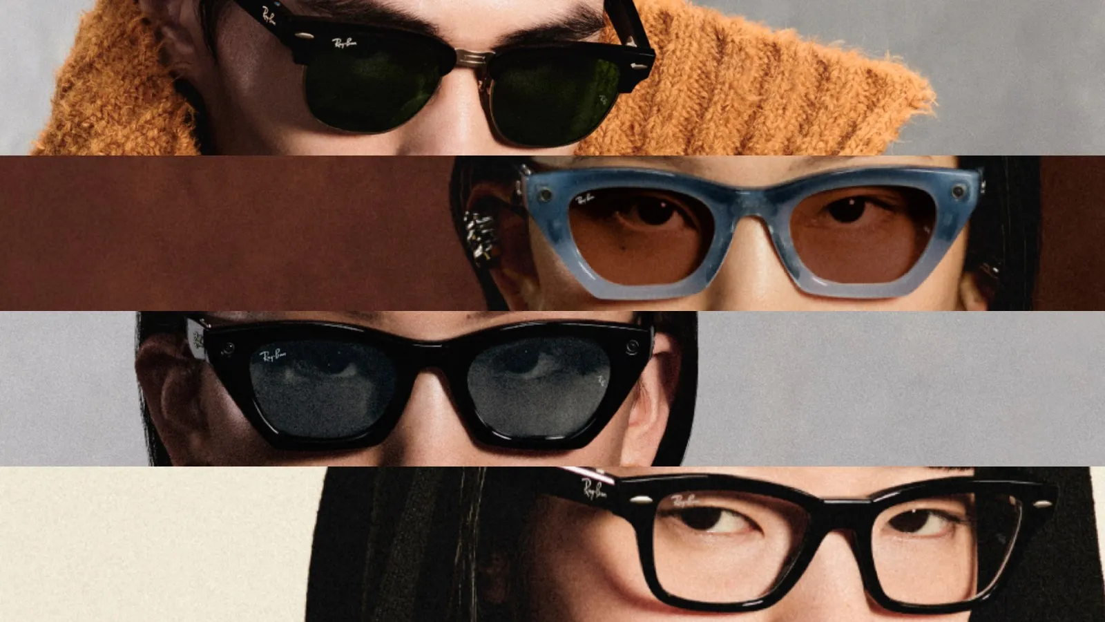 Four people wearing different Ray-Ban Meta frame styles