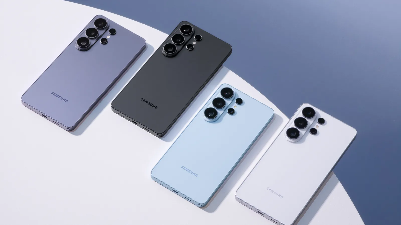 Four Galaxy S26 series phones laid on a table