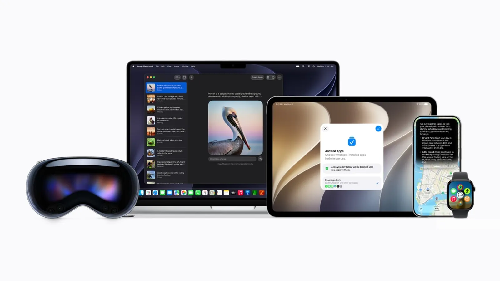 Apple Vision Pro, MacBook, iPad, iPhone and Apple Watch running the 27 releases
