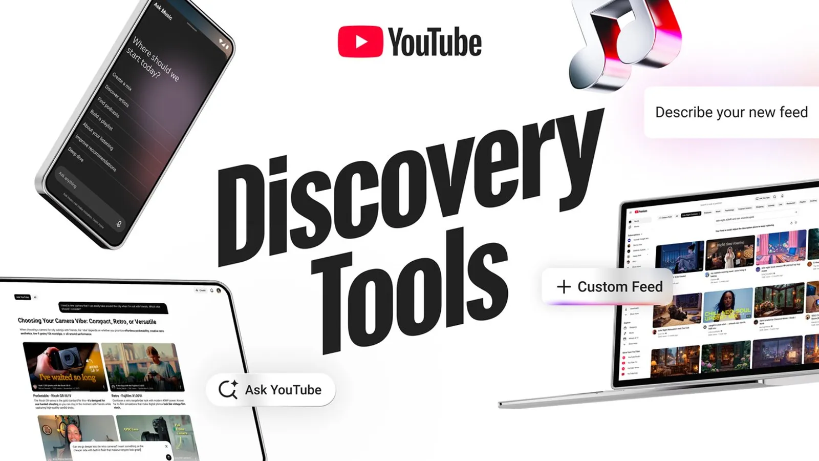 YouTube Discovery Tools graphic showing Custom Feed on phone and laptop