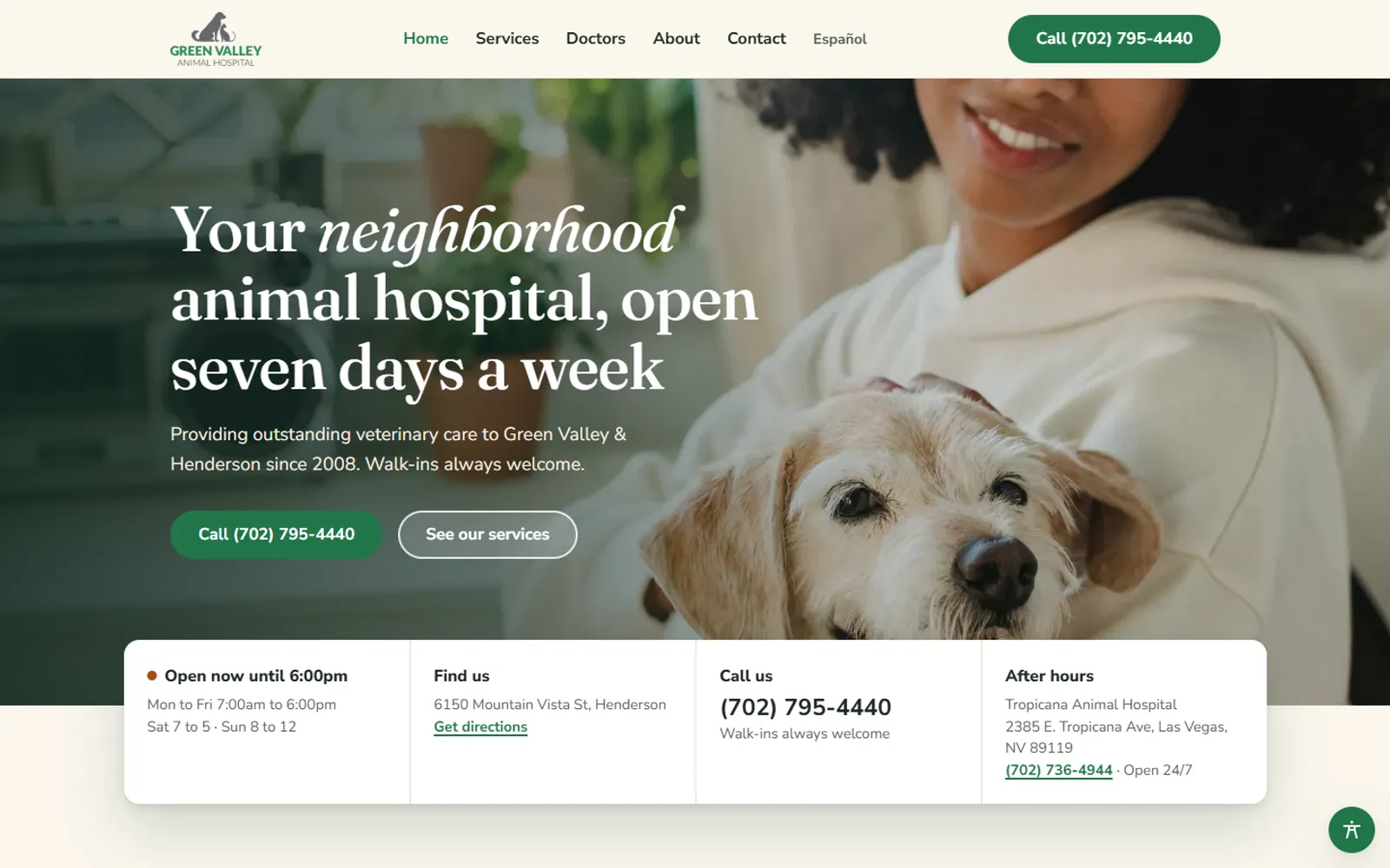 The Green Valley Animal Hospital website, built by Strafe Digital