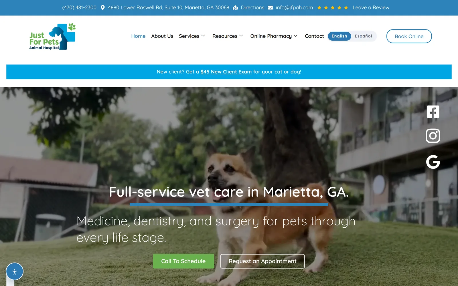 The Just For Pets Animal Hospital website, built by Strafe Digital